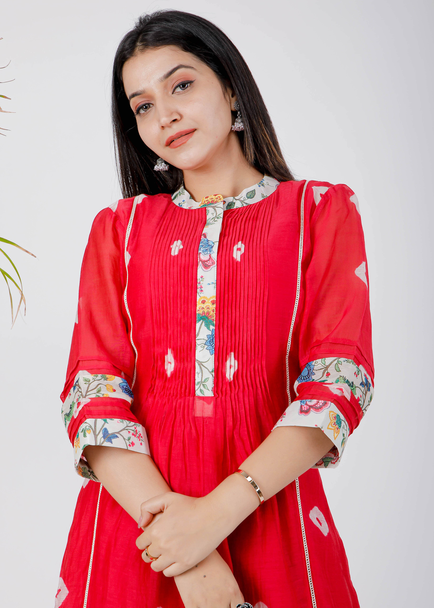 Red Pleated Bhandej Kurta Set