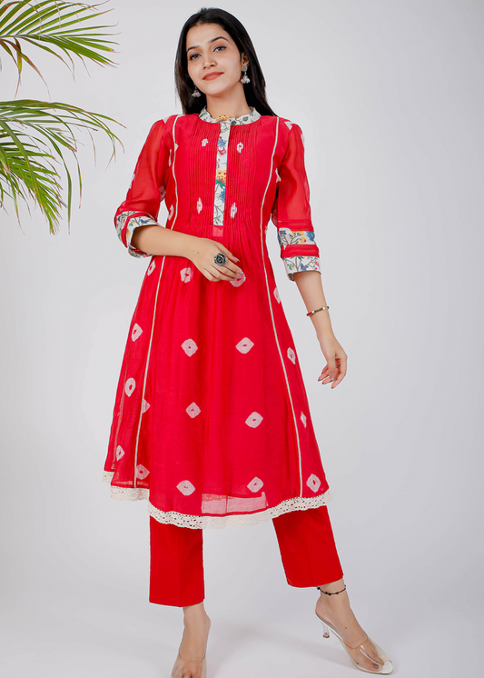 Red Pleated Bhandej Kurta Set