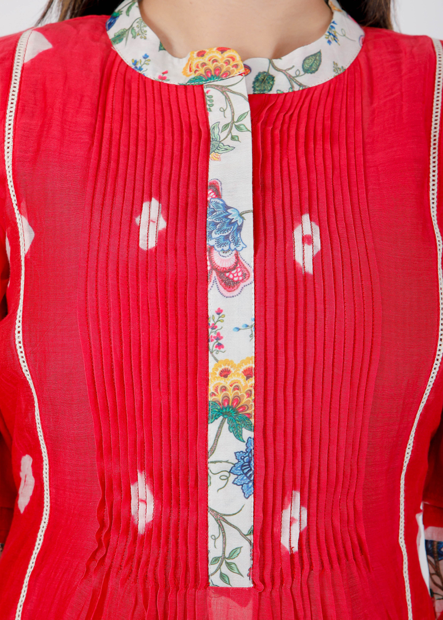 Red Pleated Bhandej Kurta Set
