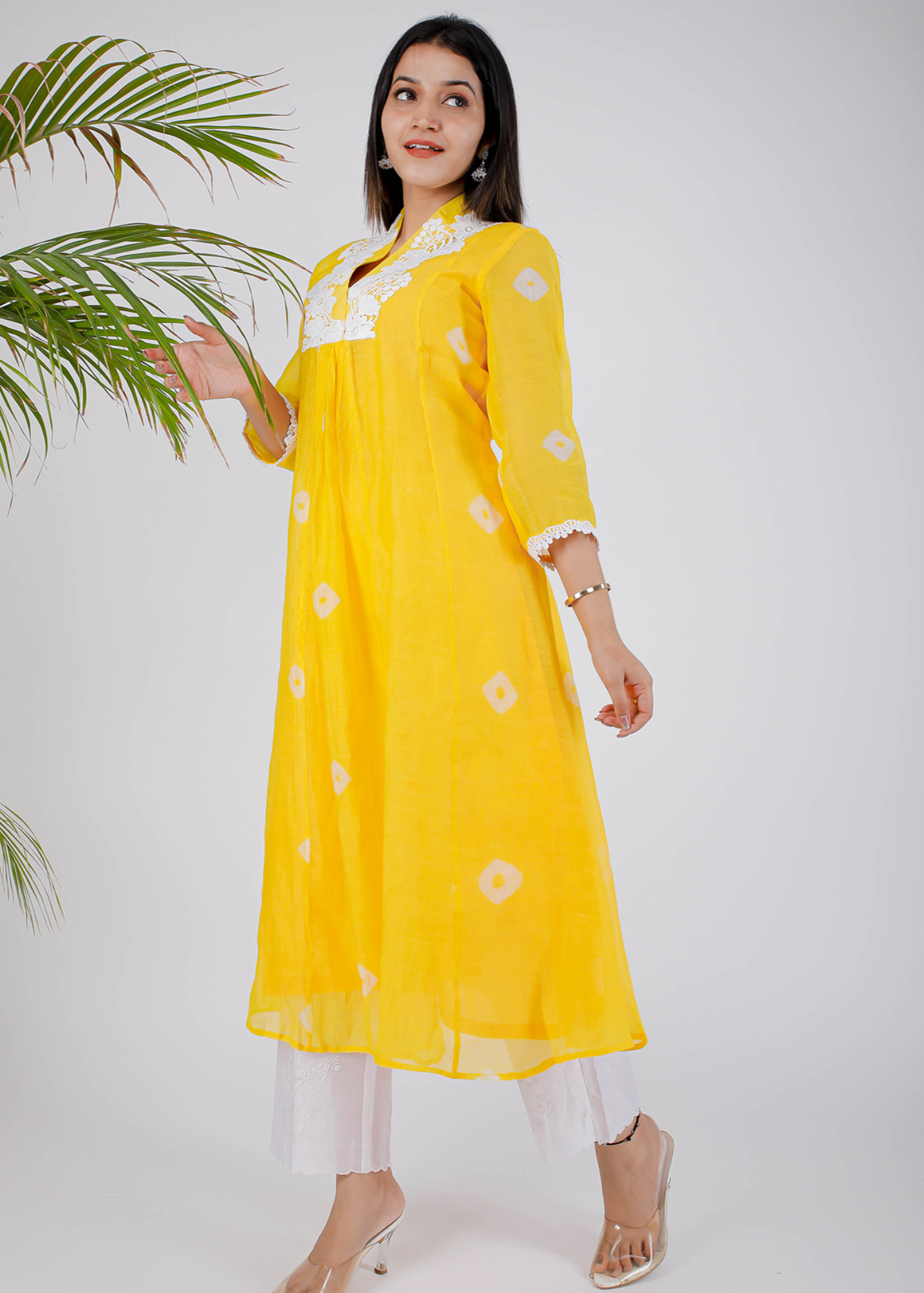 Yellow Floral Bhandej Kurta Set