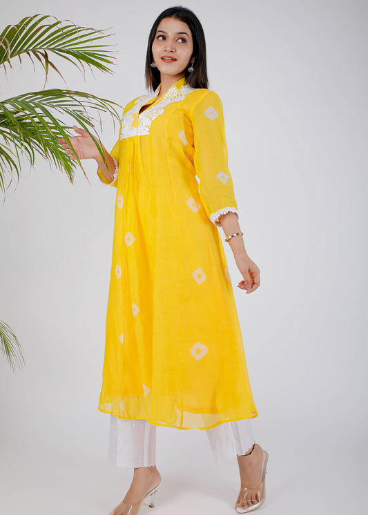 Yellow Floral Bhandej Kurta Set