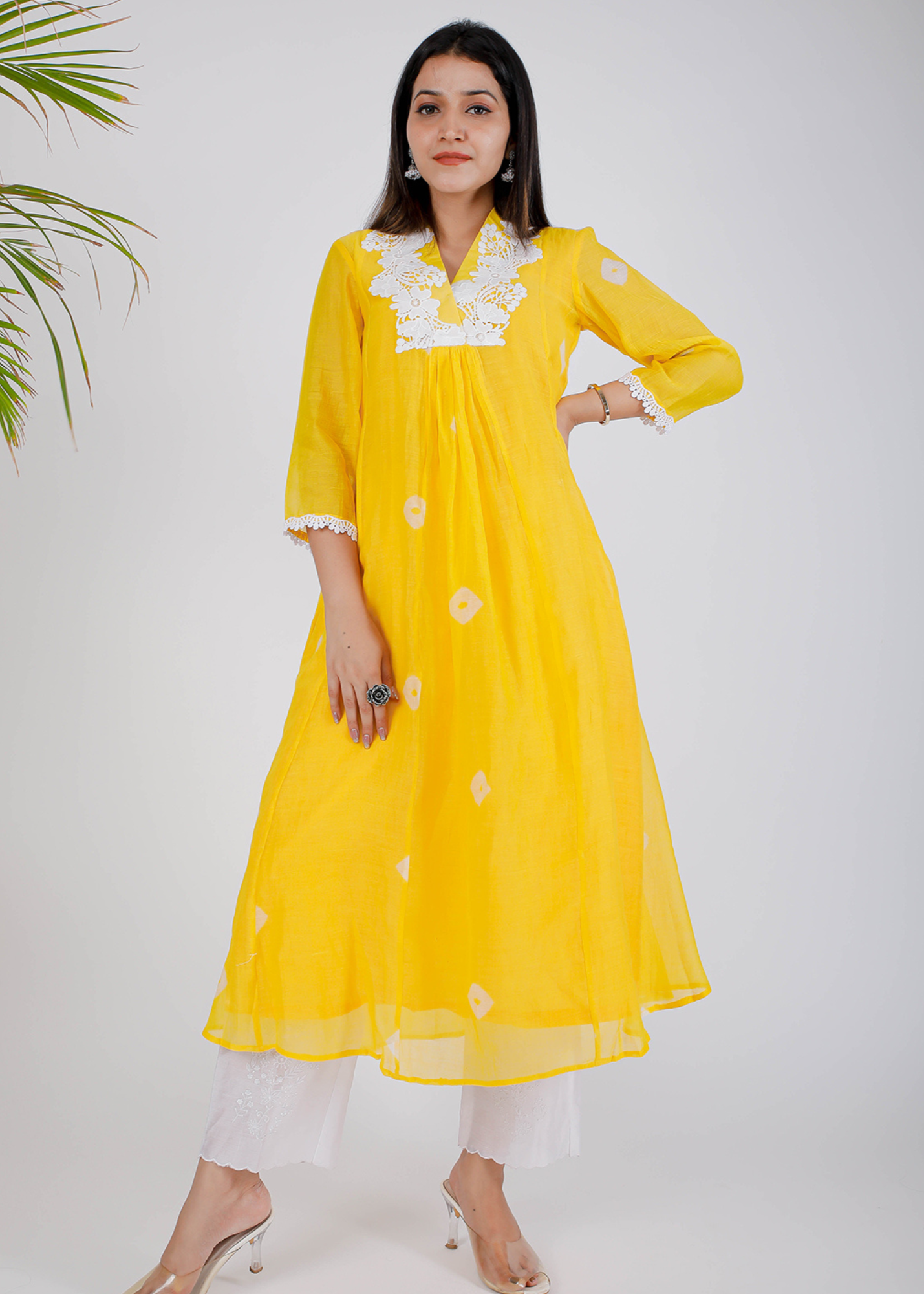 Yellow Floral Bhandej Kurta Set