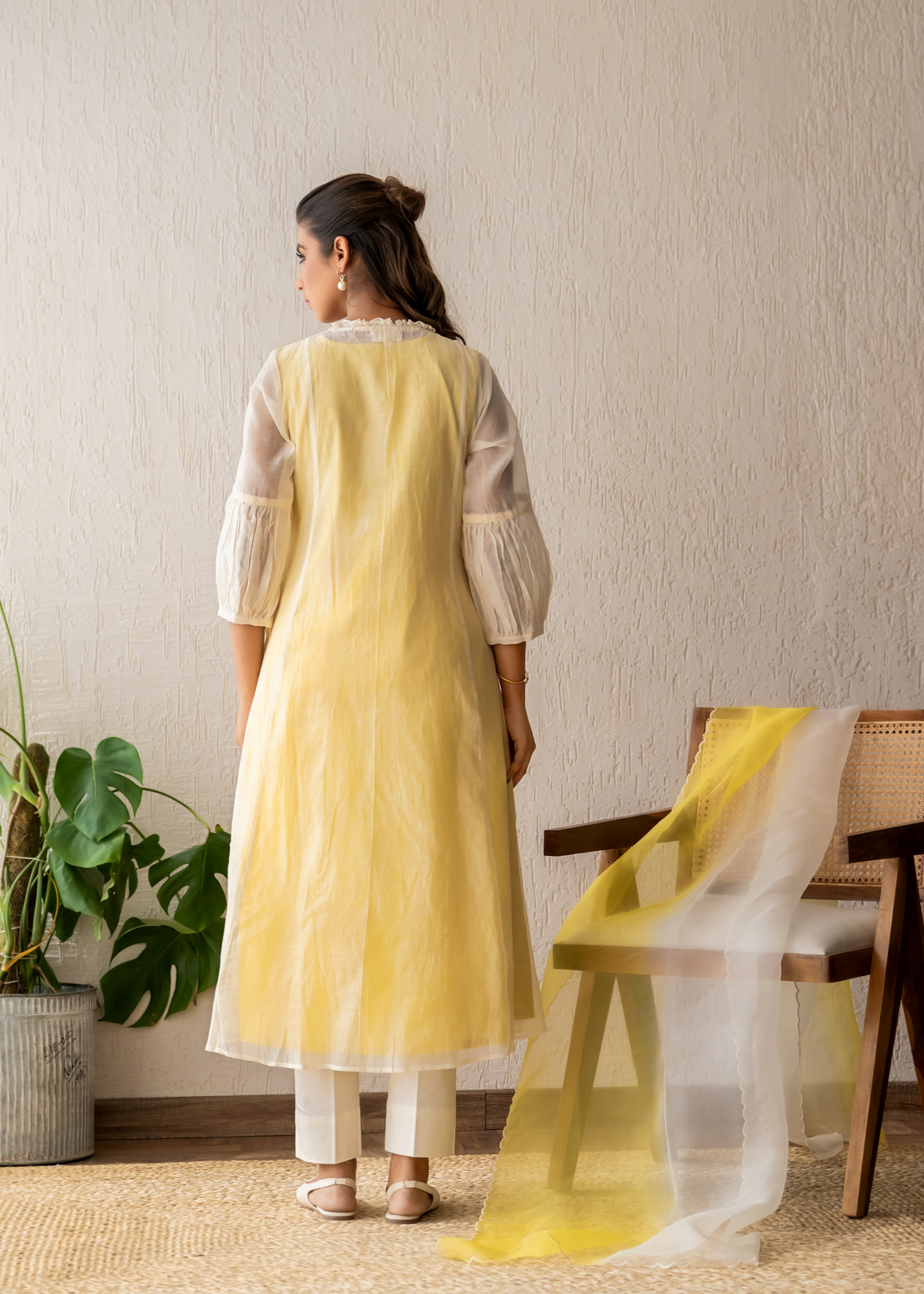 Resham Roses Ivory & Yellow Mukaish Suit Set