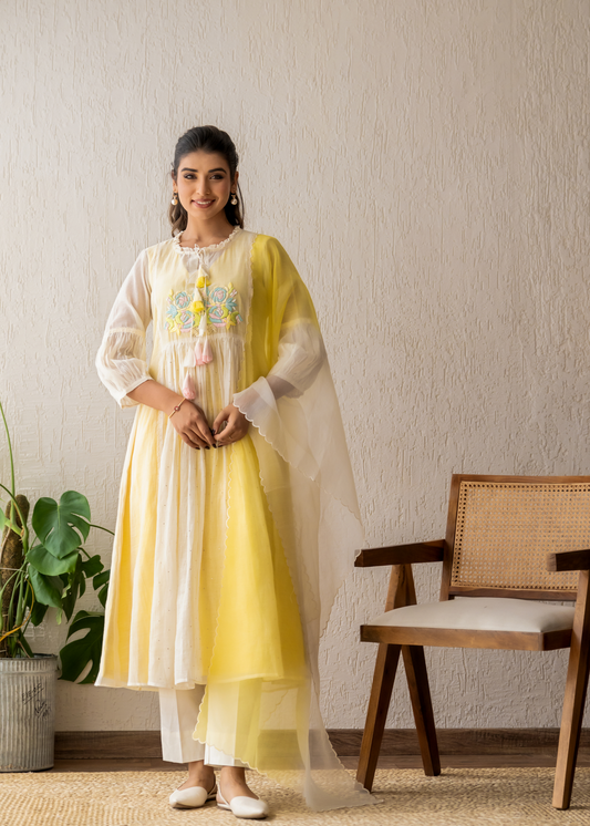 Resham Roses Ivory & Yellow Mukaish Suit Set