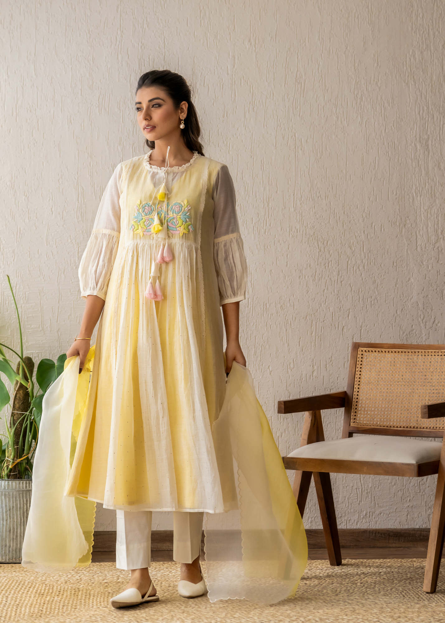Resham Roses Ivory & Yellow Mukaish Suit Set
