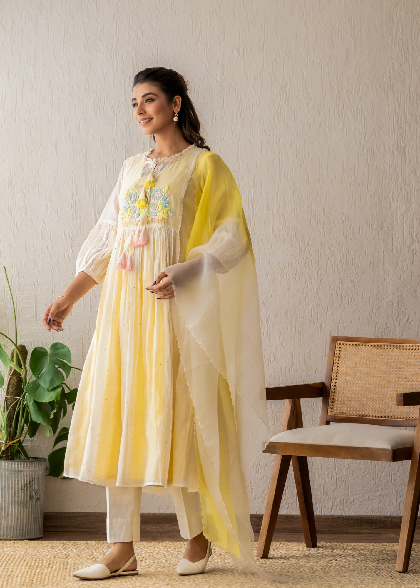 Resham Roses Ivory & Yellow Mukaish Suit Set