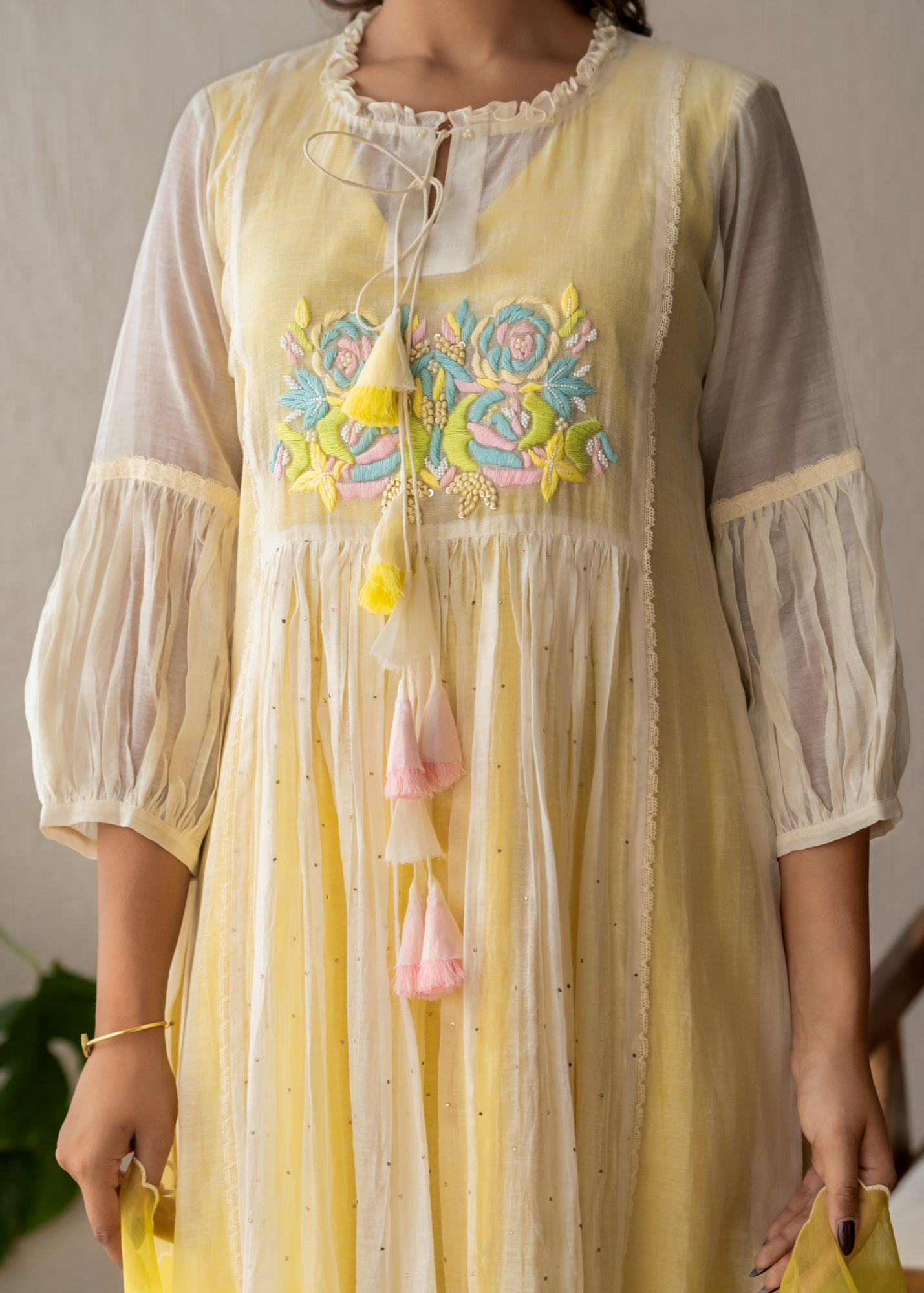 Resham Roses Ivory & Yellow Mukaish Suit Set