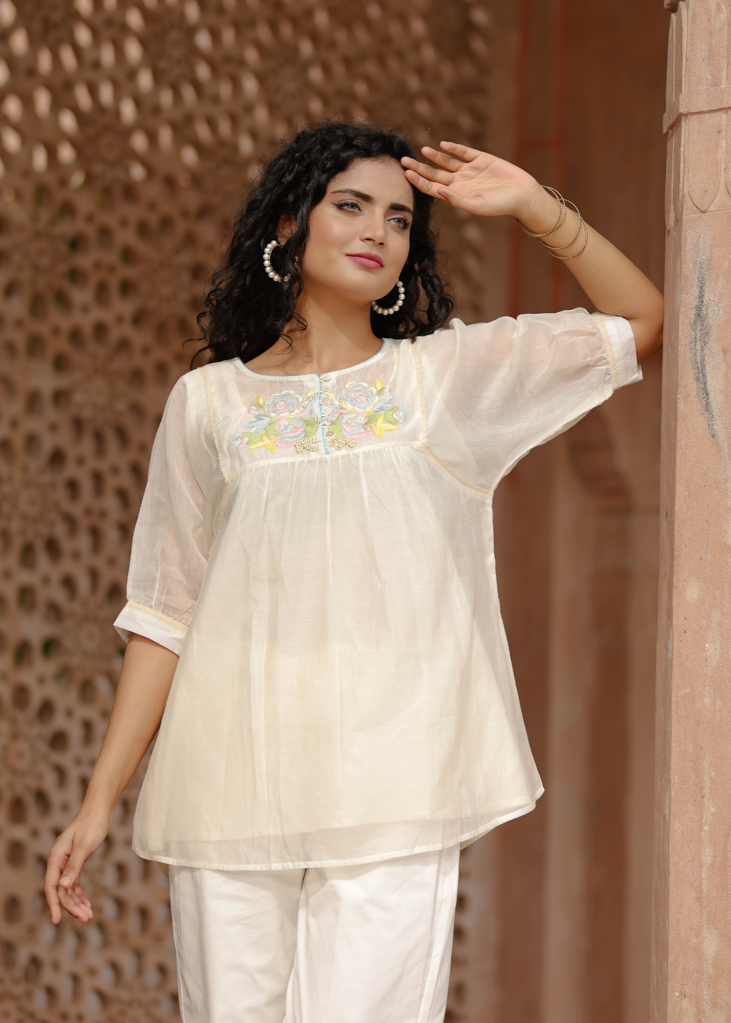 Resham Roses Ivory Tunic Set