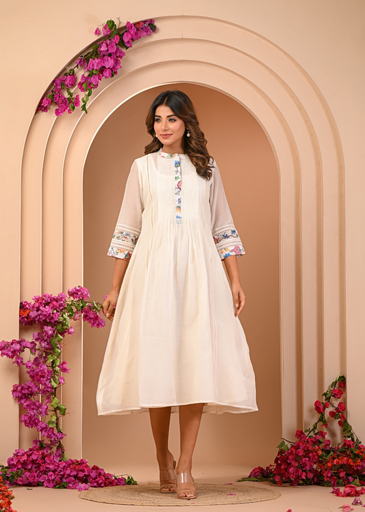 Ivory Pleated Floral Dress