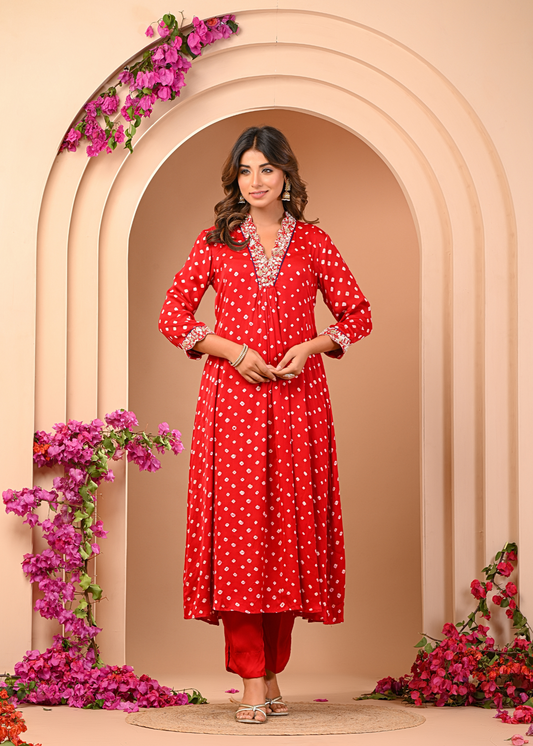 Royal Red Bhandej Kurta Set