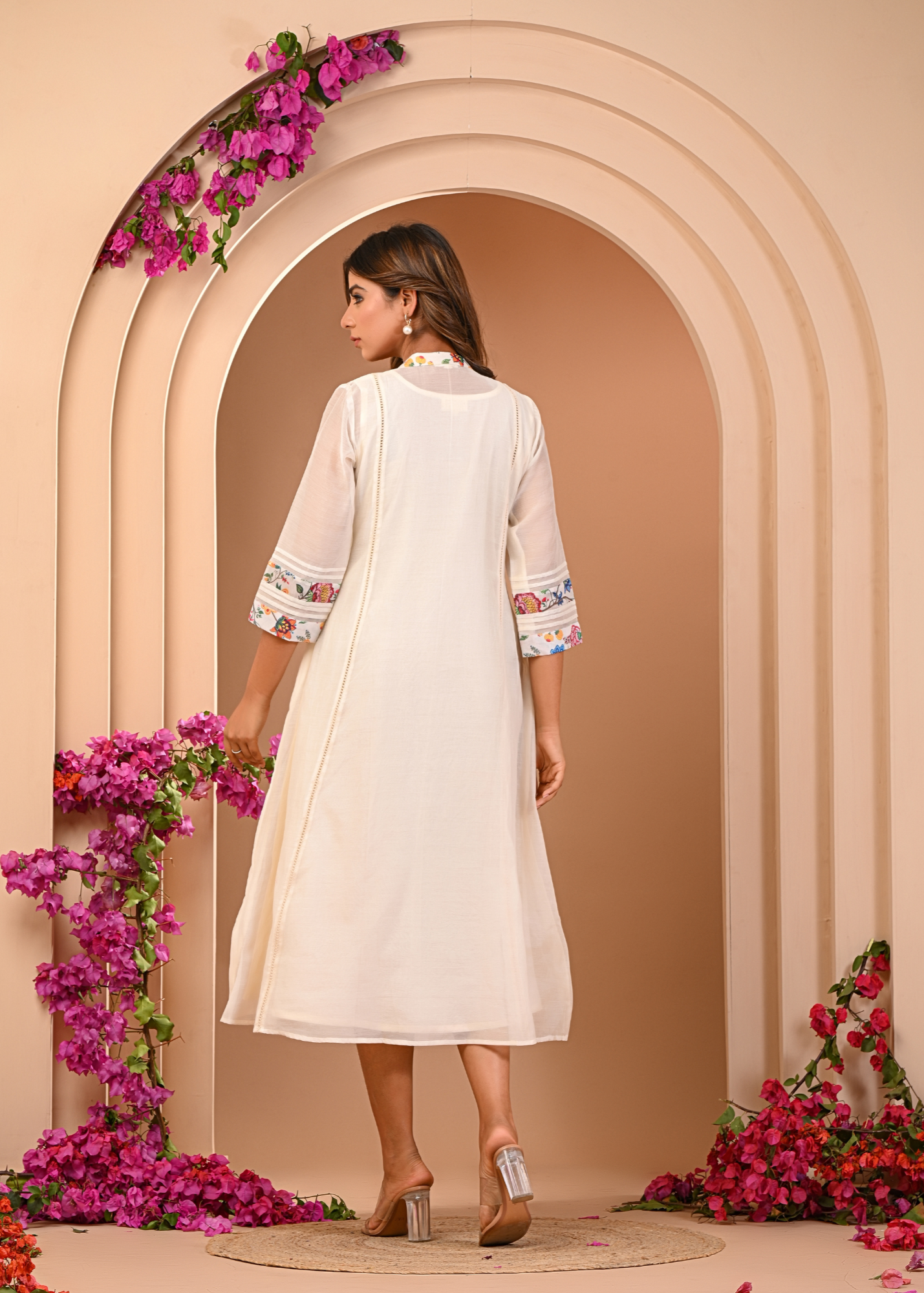 Ivory Pleated Floral Dress