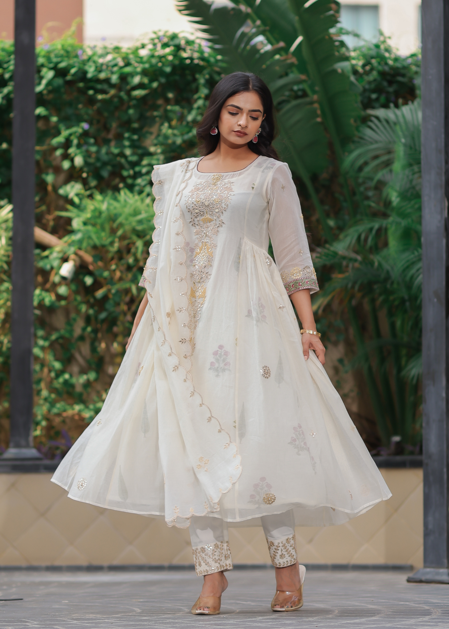 Ivory Printed Motif & Gota Kurta Set