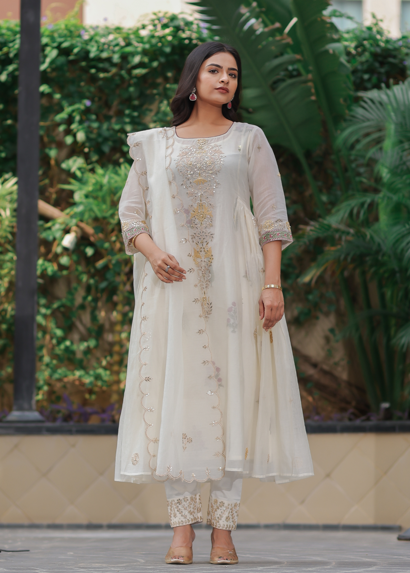 Ivory Printed Motif & Gota Kurta Set