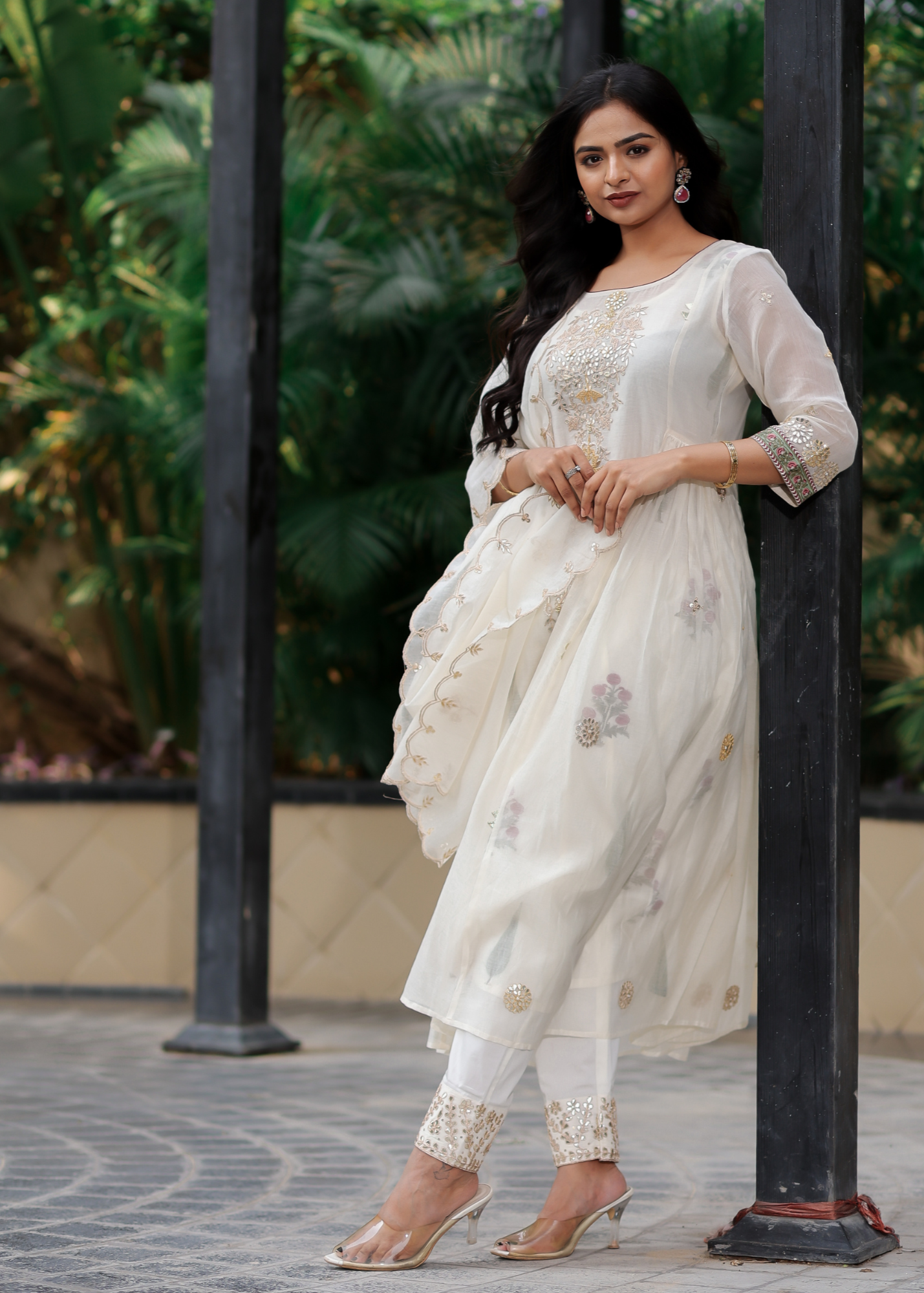 Ivory Printed Motif & Gota Kurta Set