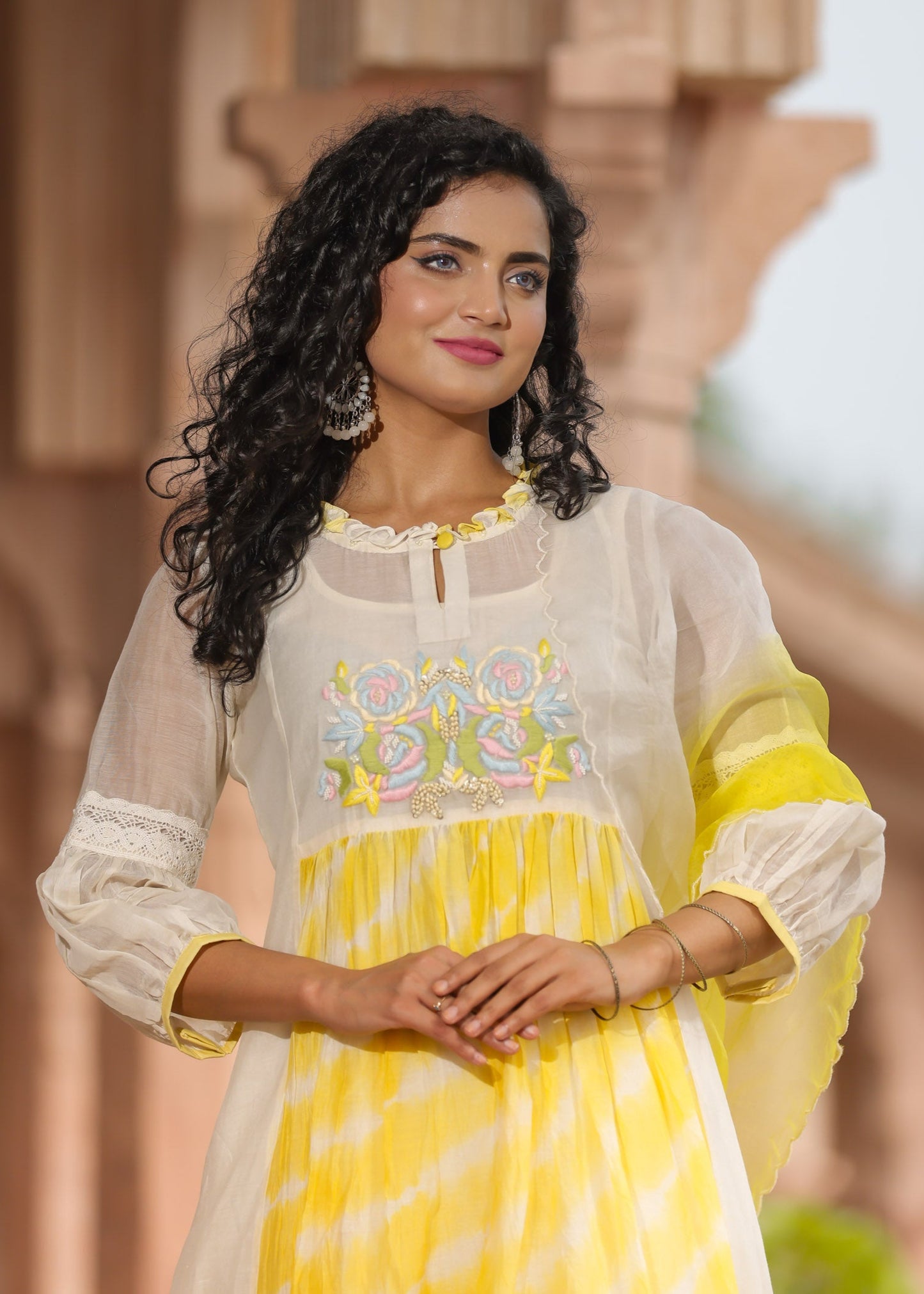 Resham Roses Ivory & Yellow Kurta Set