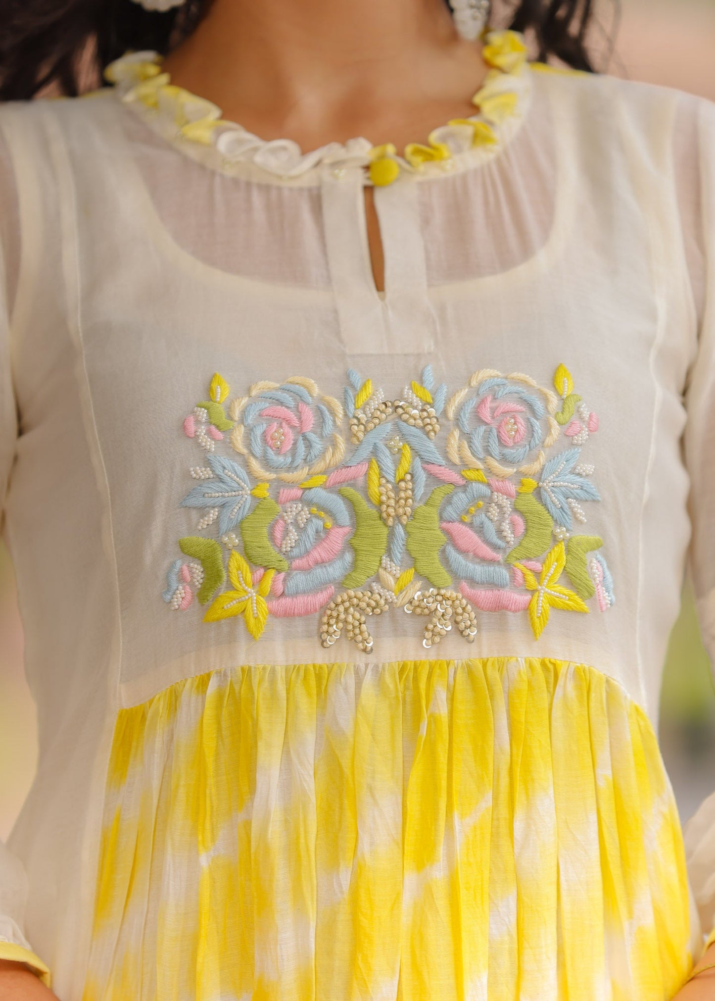 Resham Roses Ivory & Yellow Kurta Set