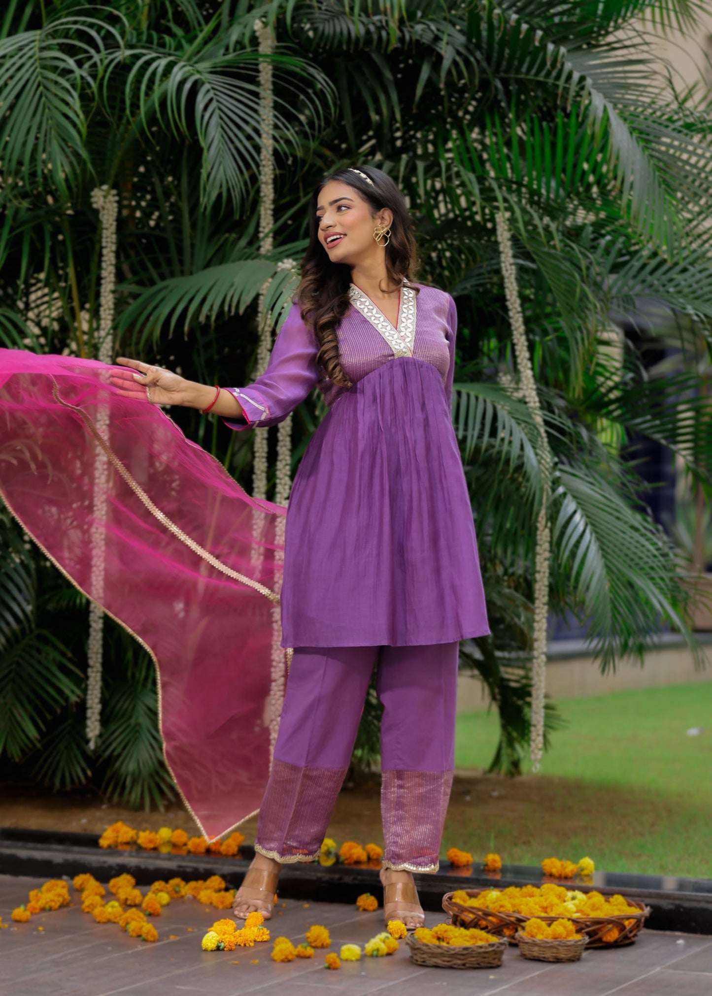 Purple Zari Gota Short Kurta Set