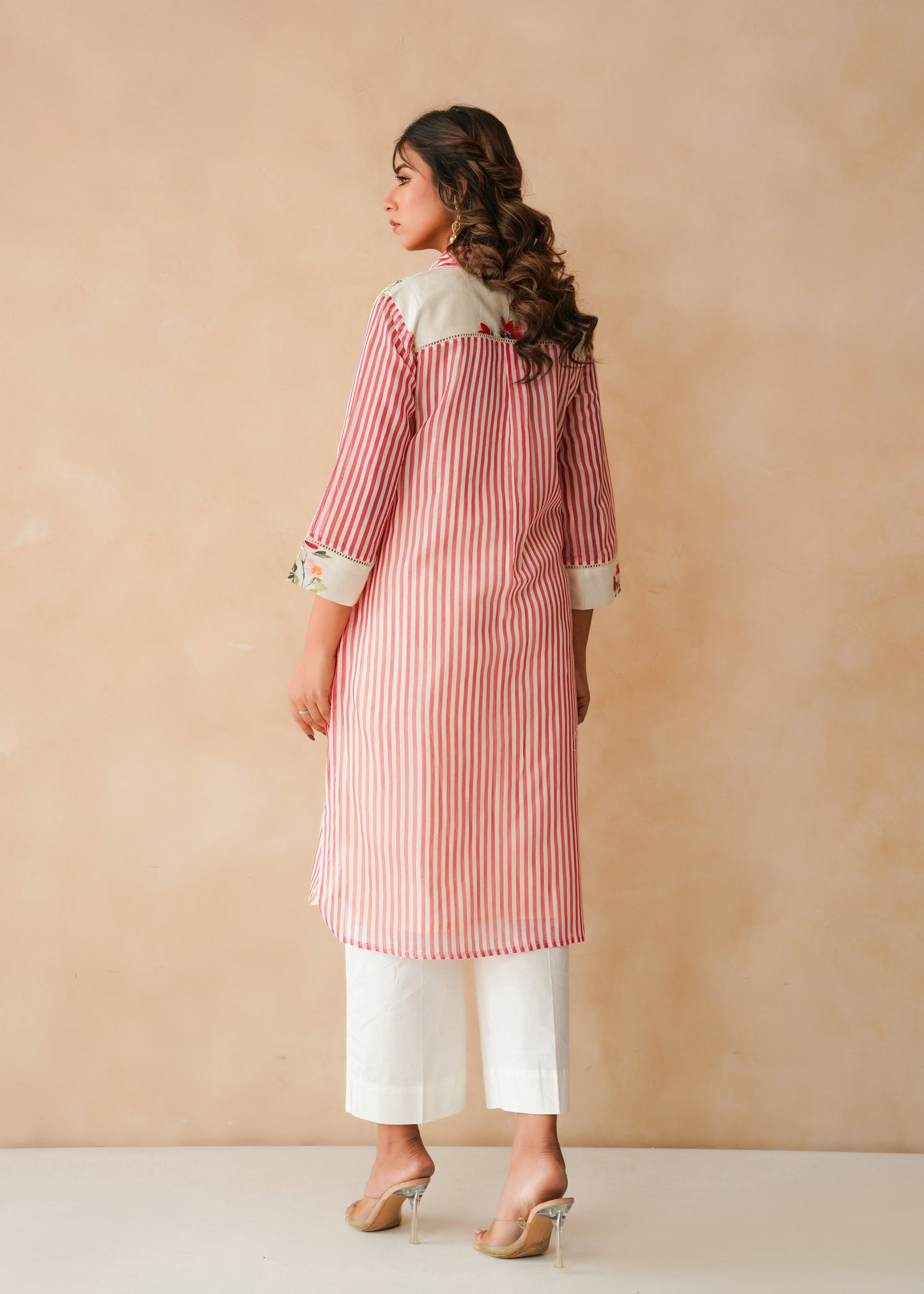 Floral Pintuck & Striped Red Kurta Co-ord Set