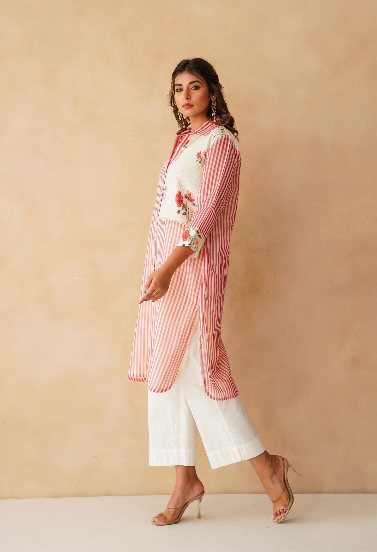 Floral Pintuck& striped red kurta co ord set