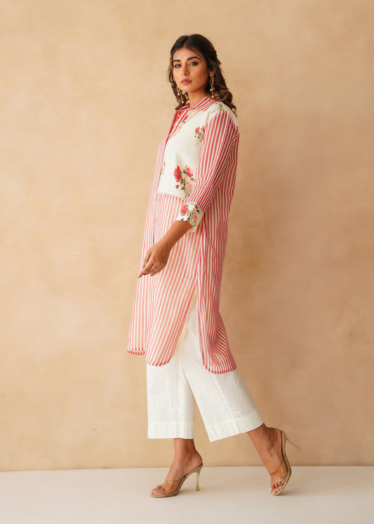 Floral Pintuck & Striped Red Kurta Co-ord Set