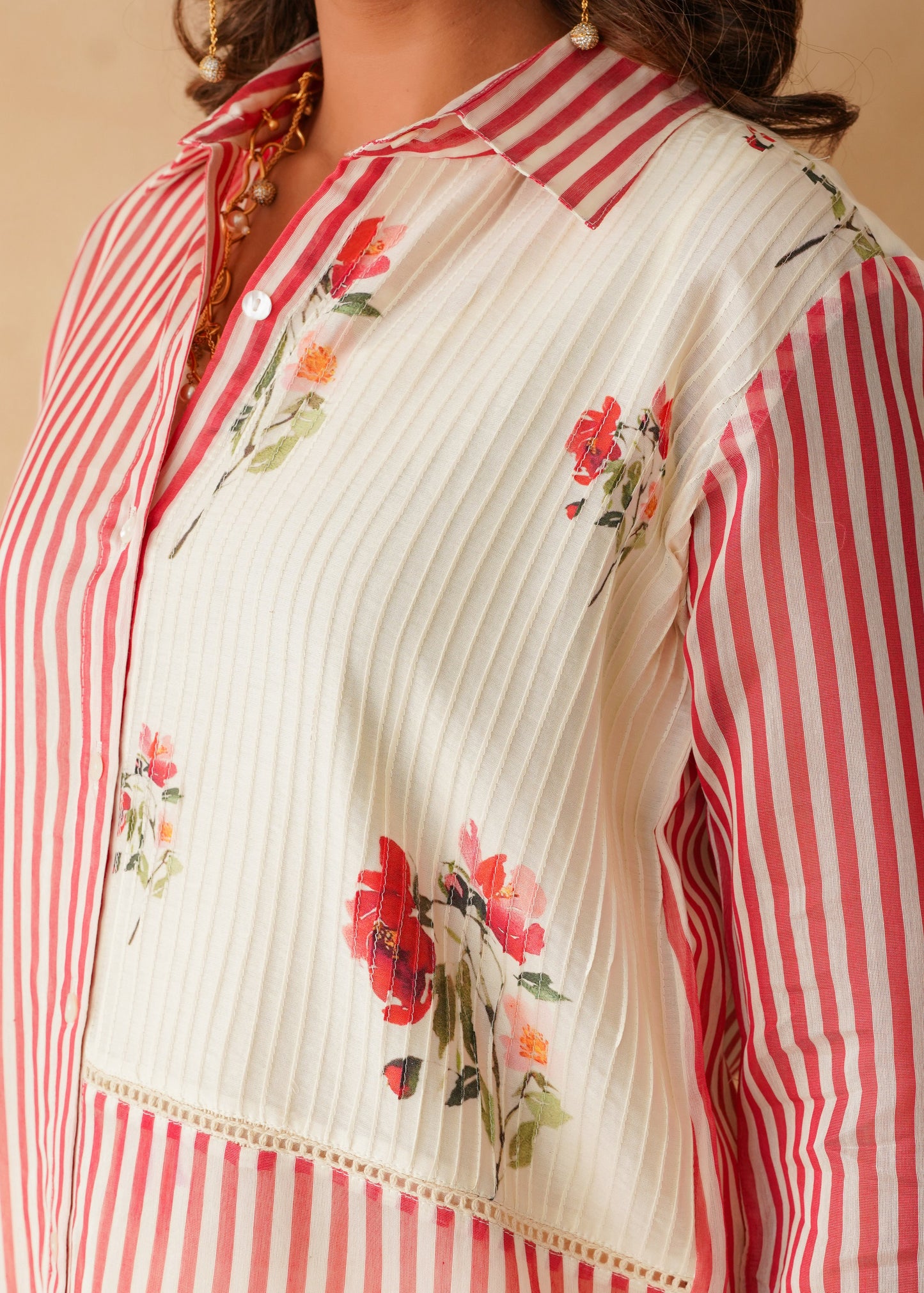 Floral Pintuck & Striped Red Kurta Co-ord Set