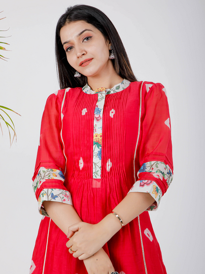 Red Pleated Bhandej Kurta Set