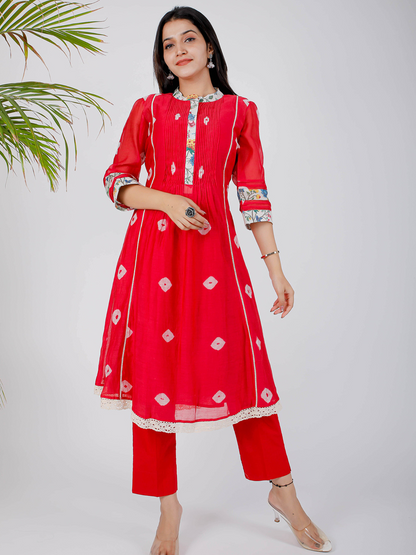 Red Pleated Bhandej Kurta Set