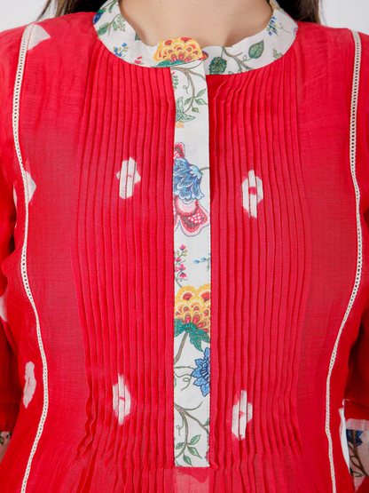 Red Pleated Bhandej Kurta Set