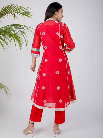 Red Pleated Bhandej Kurta Set