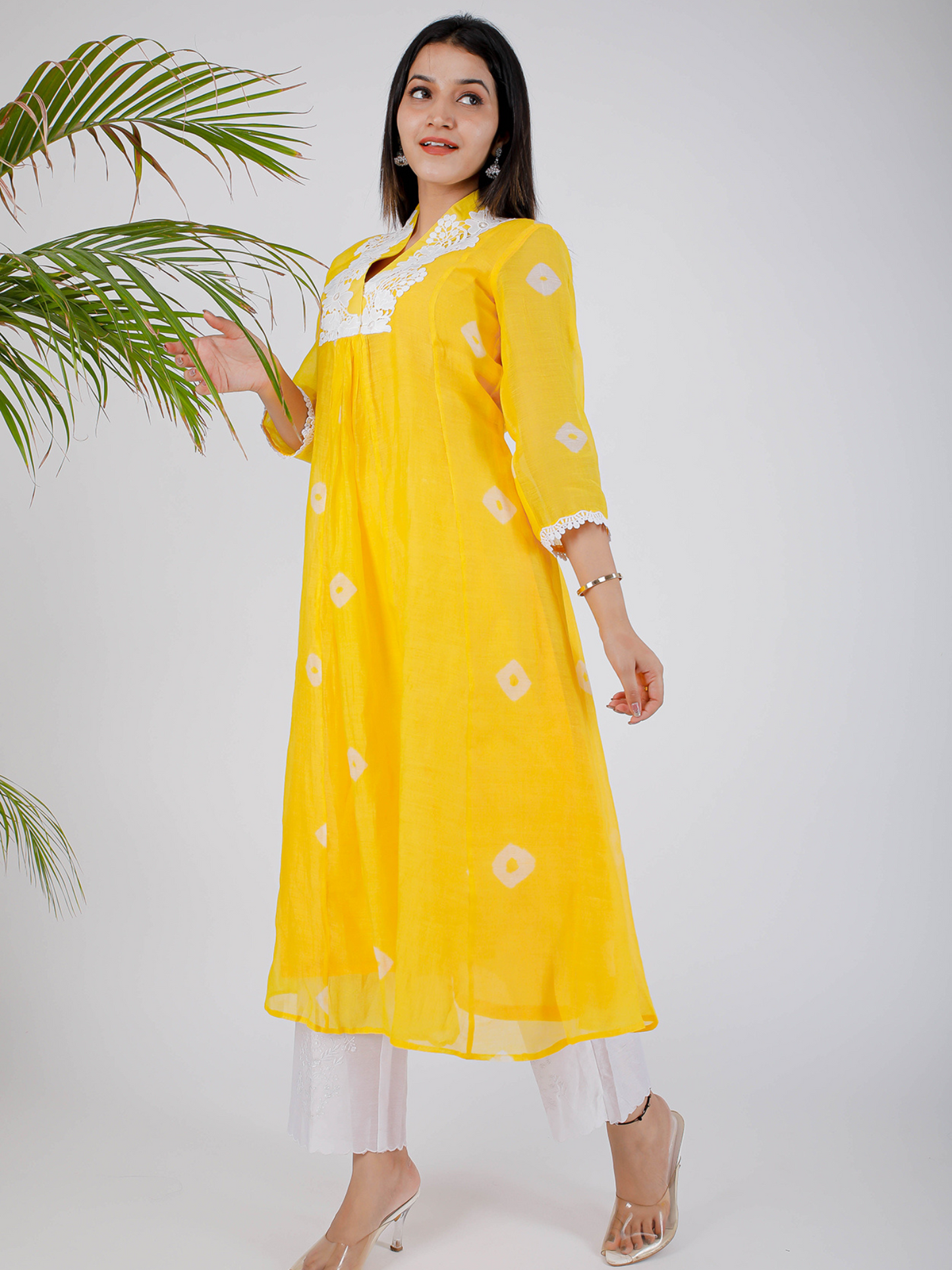 Yellow Floral Bhandej Kurta Set