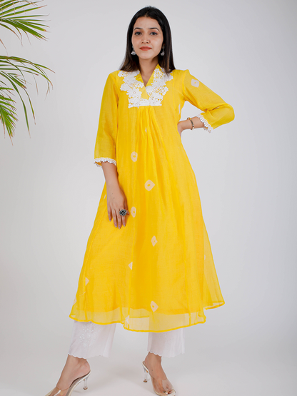 Yellow Floral Bhandej Kurta Set