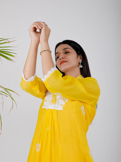 Yellow Floral Bhandej Kurta Set