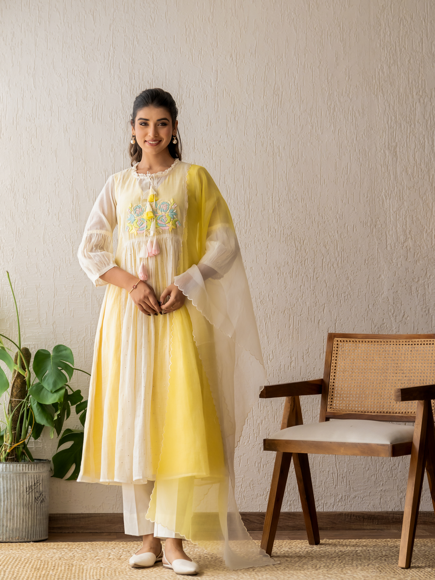 Resham Roses Ivory & Yellow Mukaish Suit Set