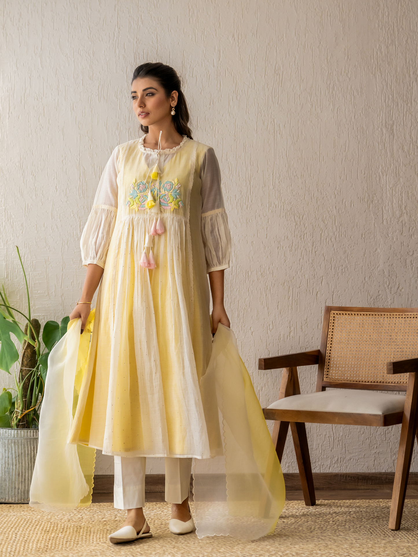 Resham Roses Ivory & Yellow Mukaish Suit Set