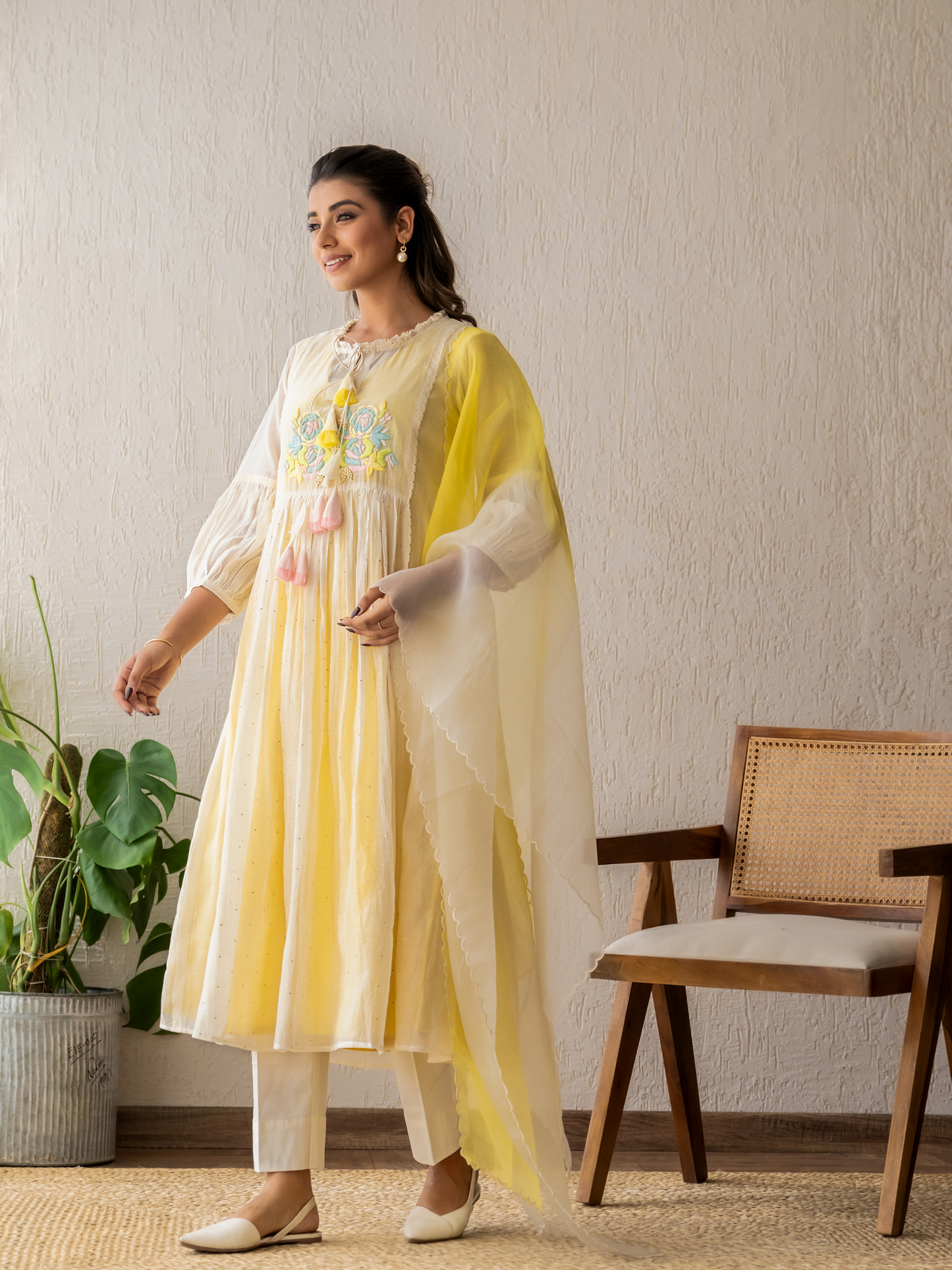 Resham Roses Ivory & Yellow Mukaish Suit Set