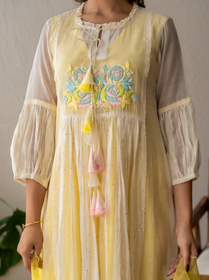 Resham Roses Ivory & Yellow Mukaish Suit Set