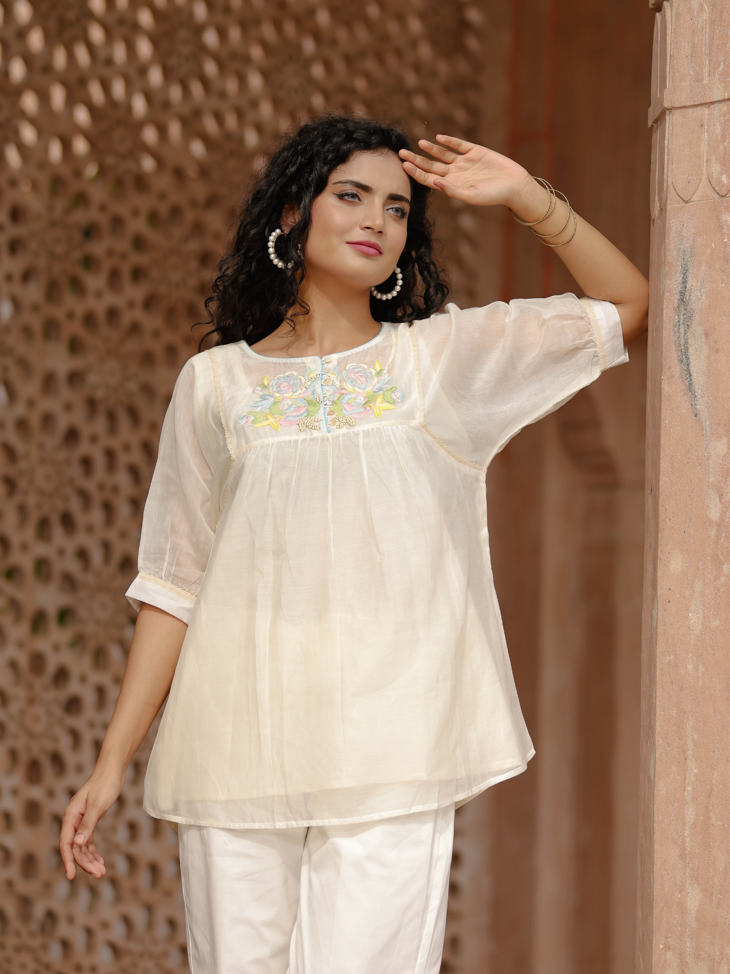 Resham Roses Ivory Tunic Set