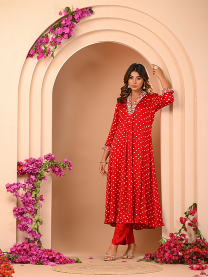 Royal Red Bhandej Kurta Set