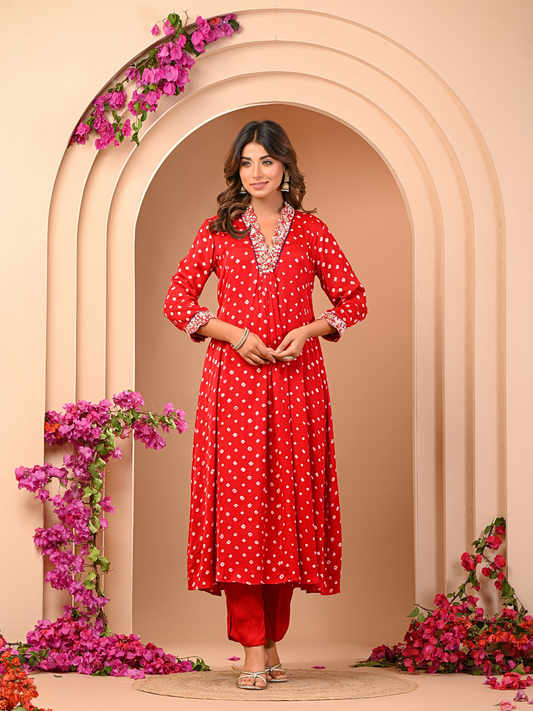 Royal Red Bhandej Kurta Set