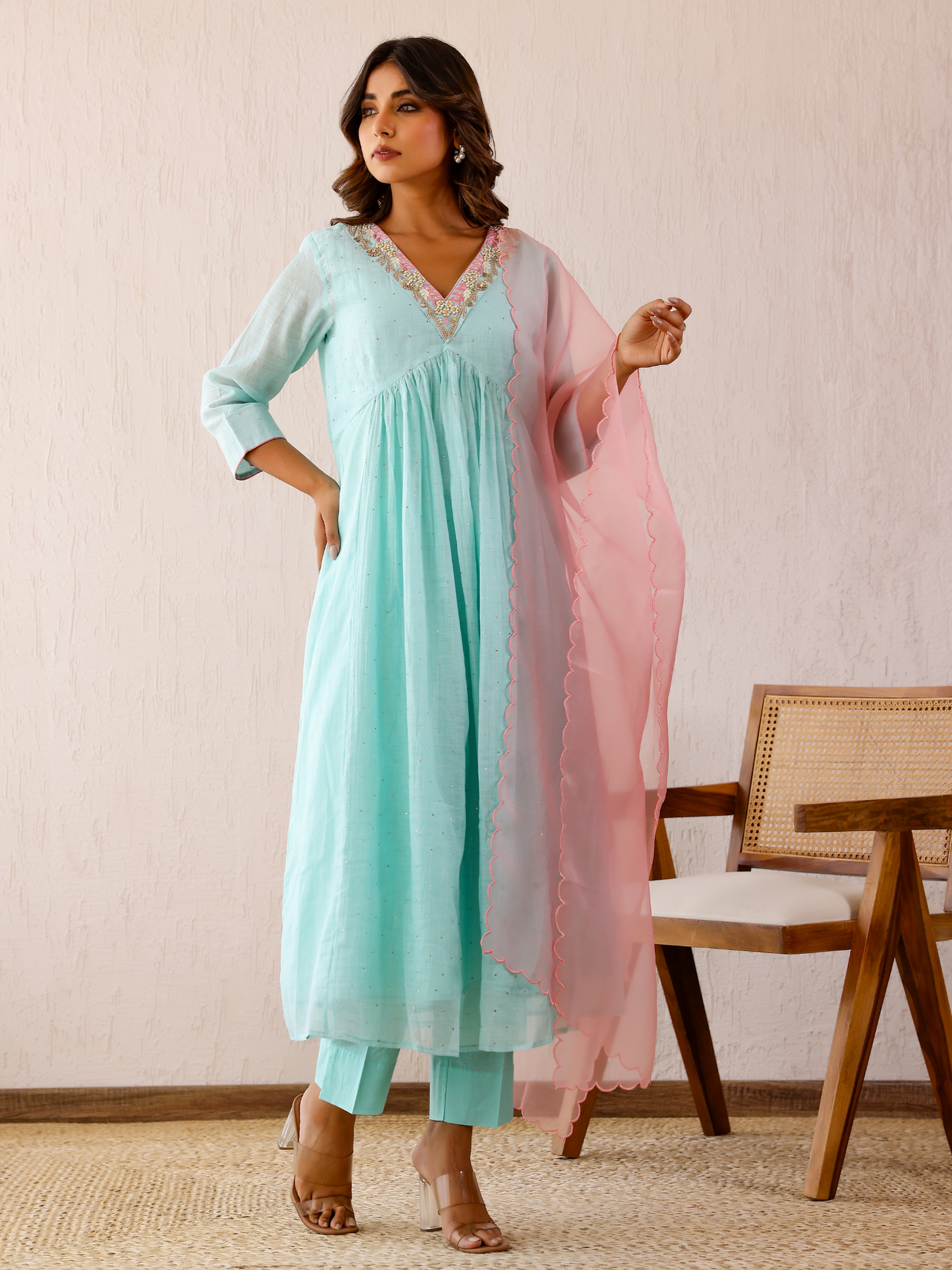 Ice Blue Mukaish Kurta Set