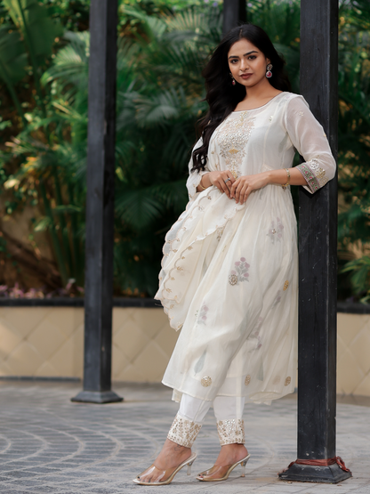 Ivory Printed Motif & Gota Kurta Set