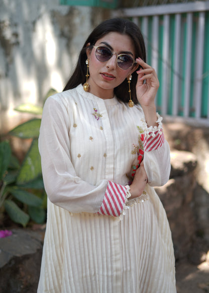 Pleated  Ivory Short Tunic With Crimson Stripes Pants