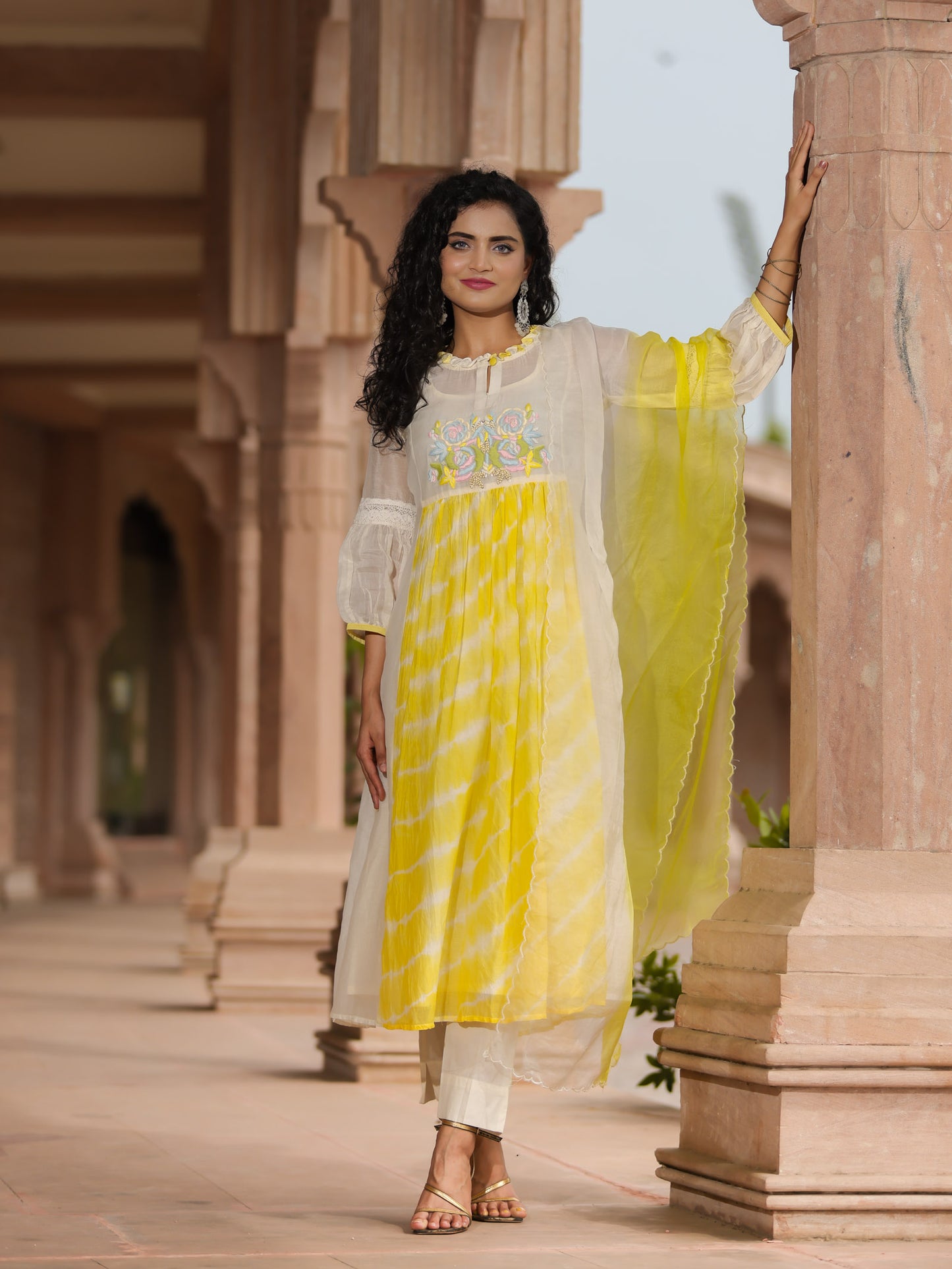 Resham Roses Ivory & Yellow Kurta Set