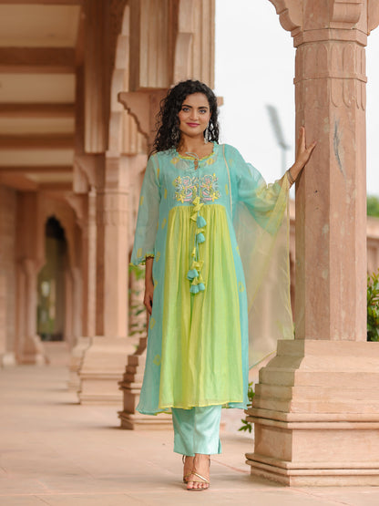 Resham Roses Turquoise Kurta Set