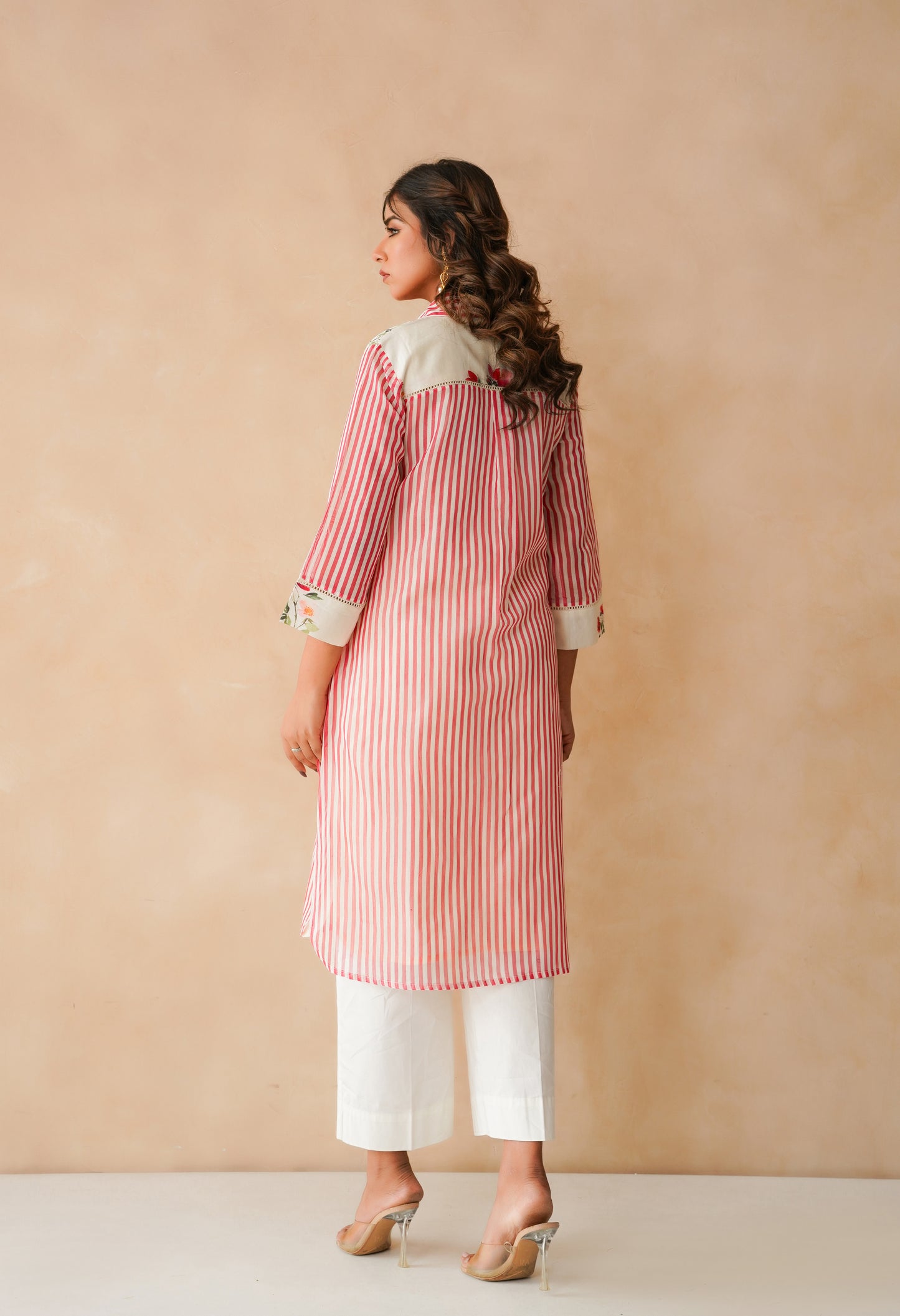 Floral Pintuck& striped red  kurta co ord set