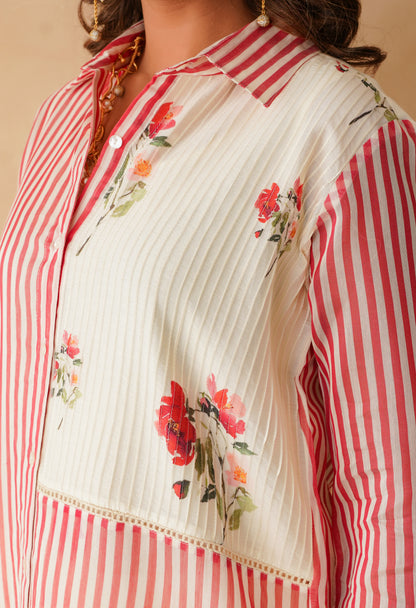 Floral Pintuck& striped red  kurta co ord set