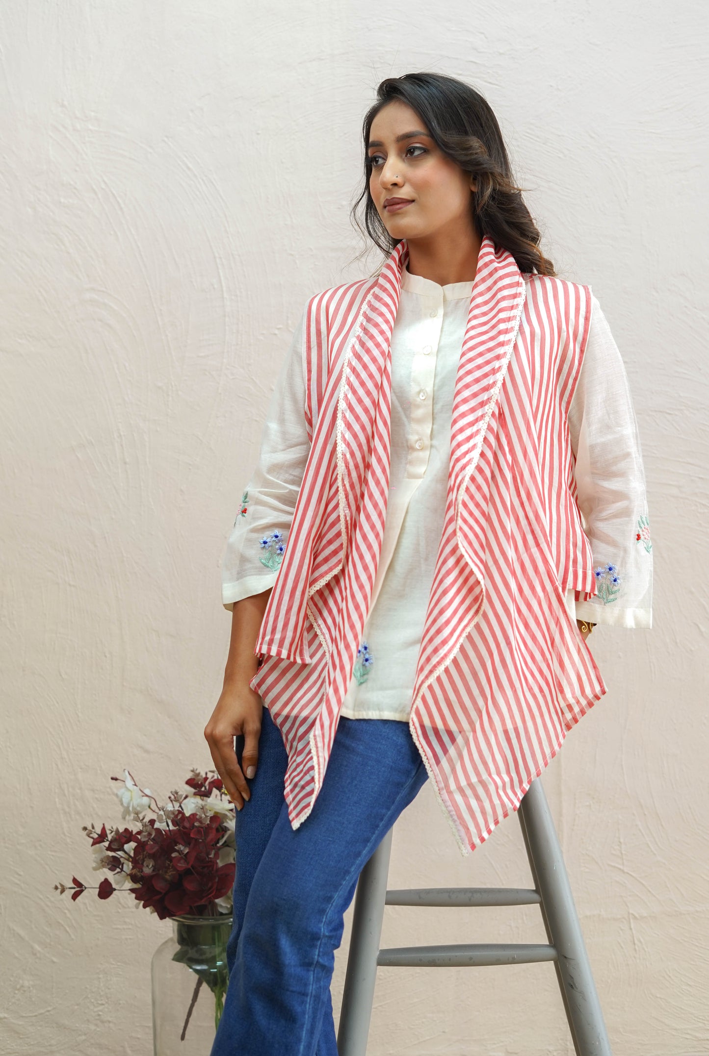 Hand-Embroidered Striped Cape Set